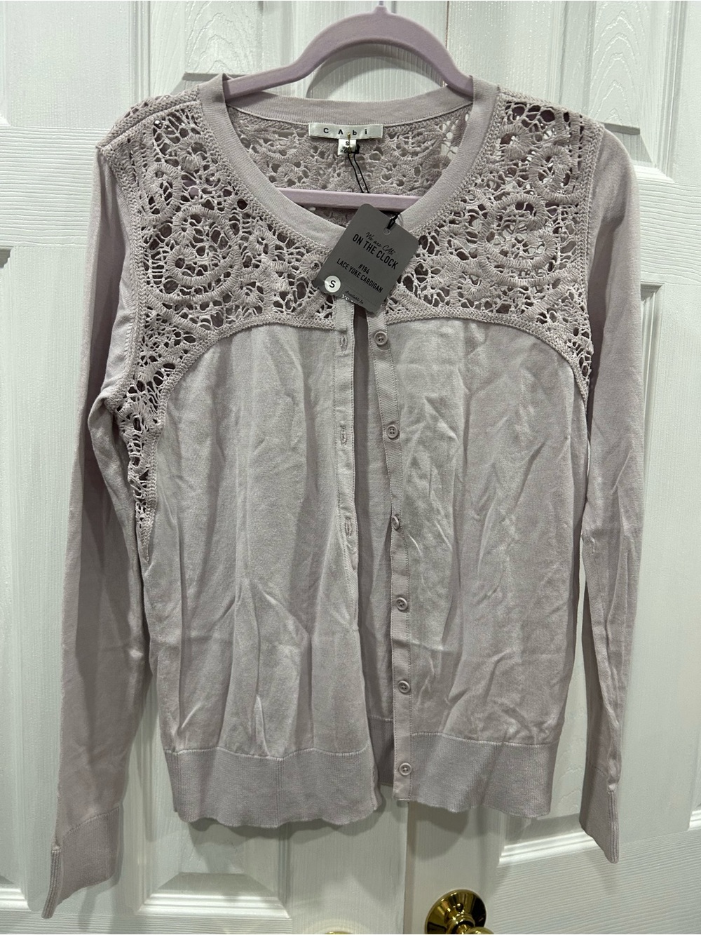 CAbi Lavender Lace Yoke Button-Front Cardigan